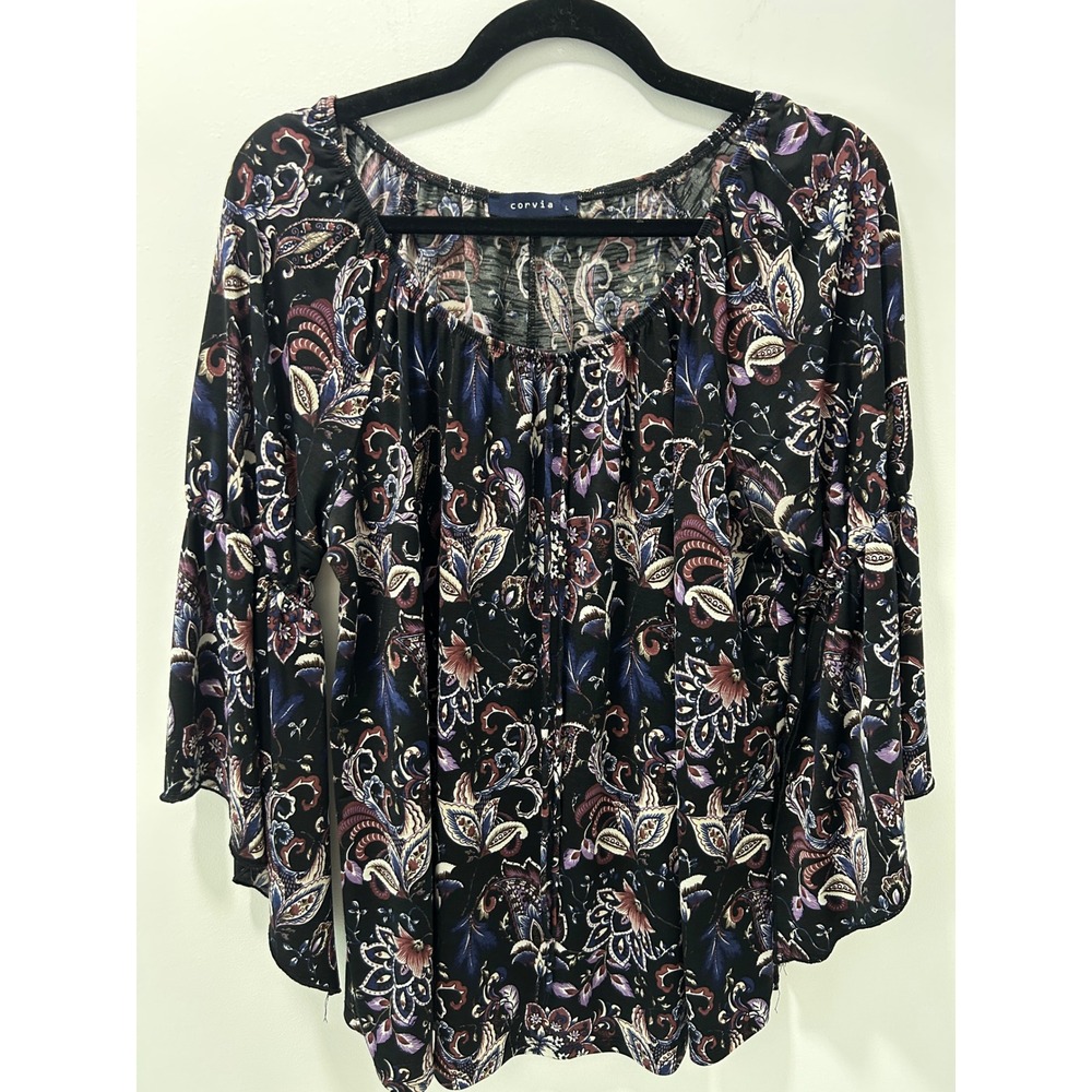 Corvia Womens Paisley Floral Bell Sleeve Boho Blouse Black Purple Blue Large